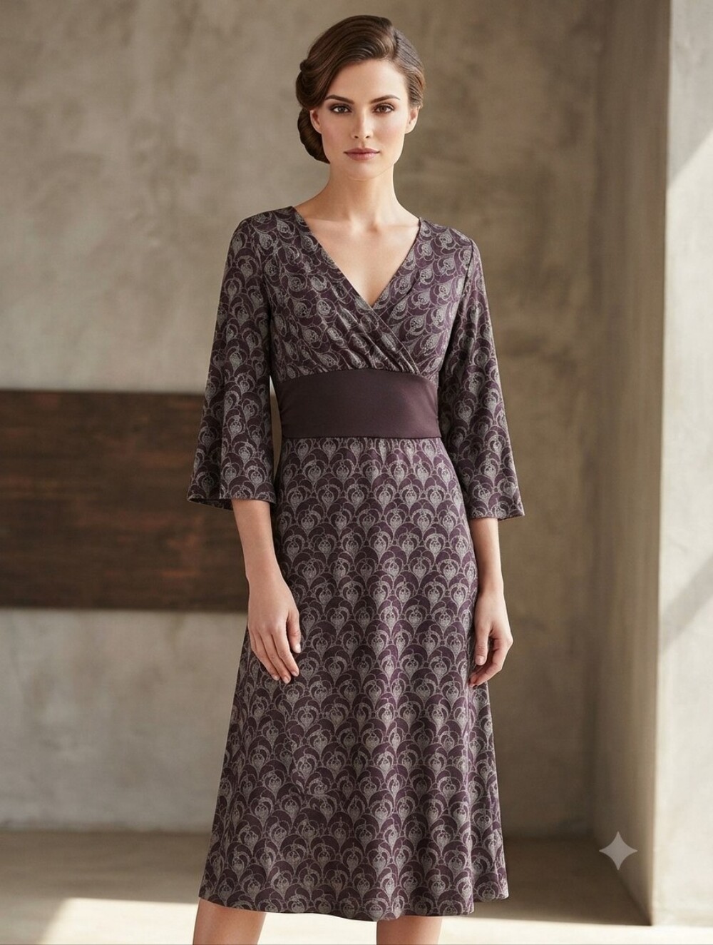 Max Studio Brown Patterned Surplice Midi Dress